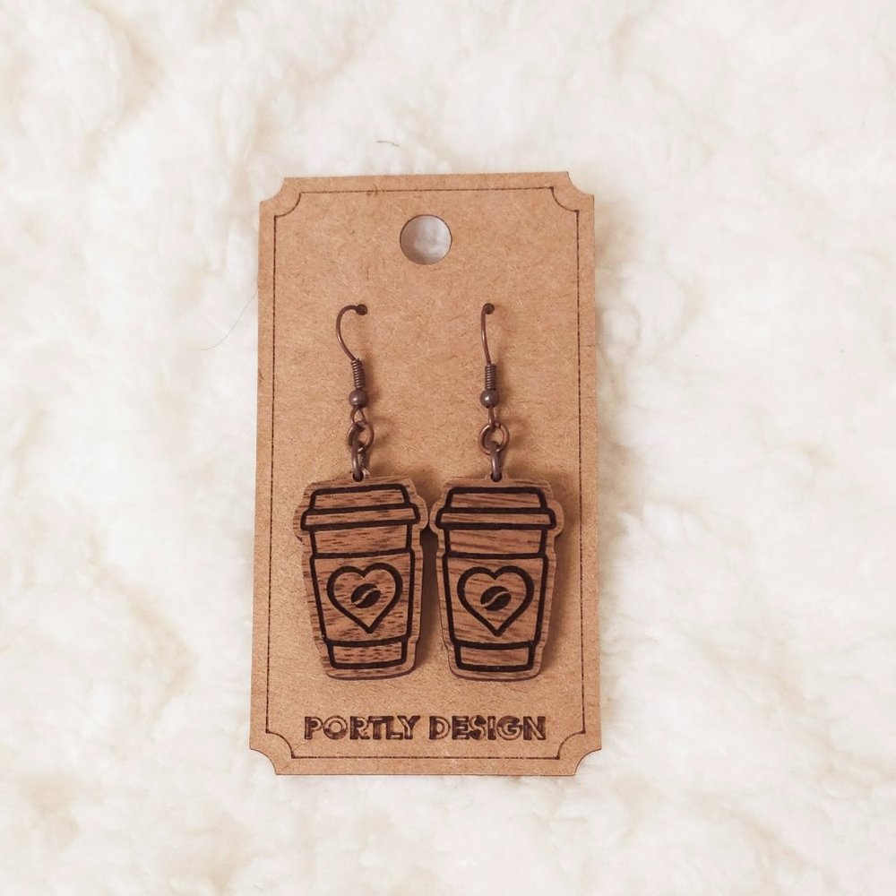 5/$25 Hot Coffee Earrings Dangle Wooden w/Heart Coffee Bean